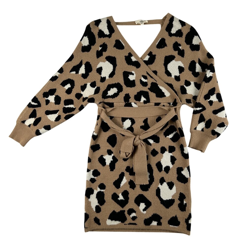 Entro Dress Womens Small Brown Leopard Knit Wrap Sweater Belted Mini Long Sleeve